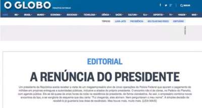 Diario O Globo de Brasil pide la renuncia del presidente Michel Temer