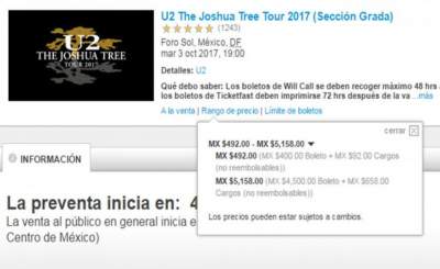  Revela Ticketmaster precios de boletos para U2