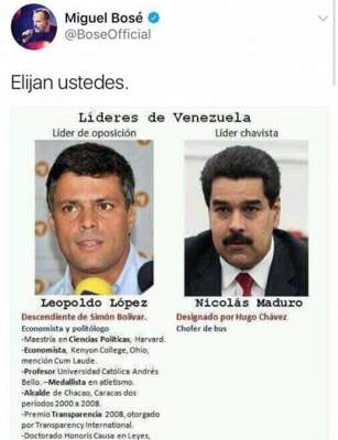 Un tuit de Miguel Bosé contra Maduro desata la ira en Internet