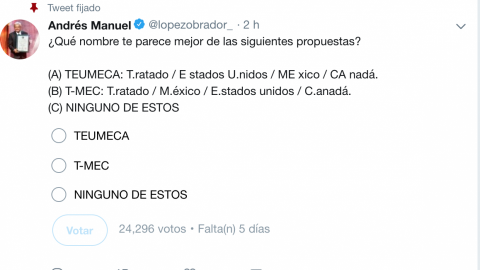 AMLO somete a votación en Twitter nombre de acuerdo comercial USMCA