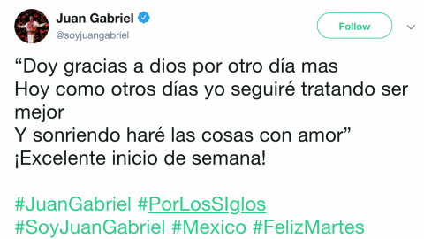 Mensaje en cuenta de Twitter de Juan Gabriel causa extrañeza