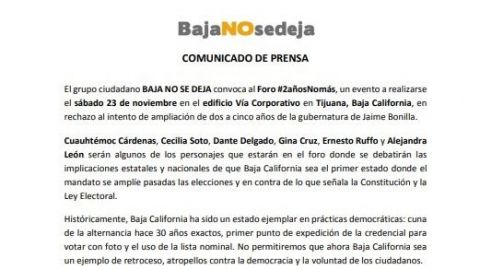 Colectivo ''BajaNOsedeja'' rechaza ampliación de gubernatura