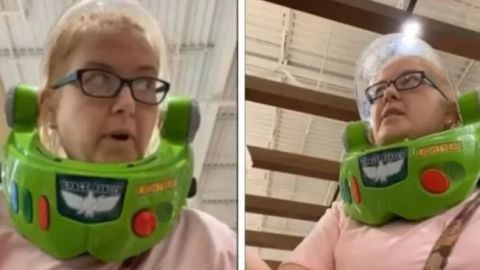 VIDEO: Señora con casco de Buzz Lightyear en el súper, se vuelve viral