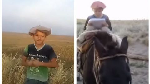 Niño se monta en su caballo y va al cerro para enviar su tarea por internet