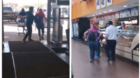 VIDEO: A empujones tratan de sacar a mujer de supermercado y se armo una pelea