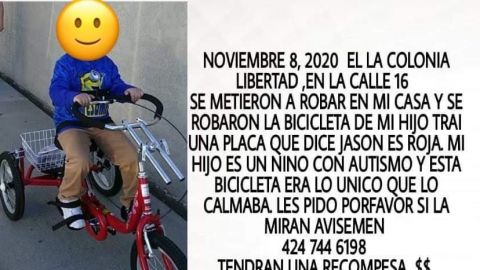 Piden ayuda para encontrar bicicleta robada de niño con autismo
