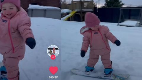¡INCREÍBLE! Bebé de año y medio práctica snowboarding