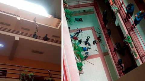 VIDEO: Se rompe barandal en universidad y MUEREN 5 ESTUDIANTES al caer al vacío