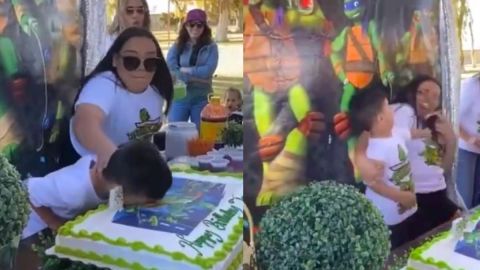 VIDEO: Niño GOLPEA a su tía al estrellarlo contra el pastel de cumpleaños