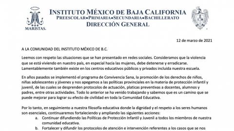 Instituto México reconoce que existe violencia de género en el plantel