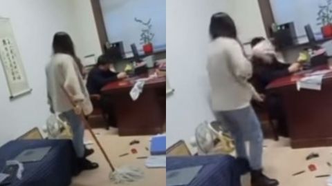 VIDEO:  Mujer golpea a su jefe con un trapeador por supuesto acoso sexual