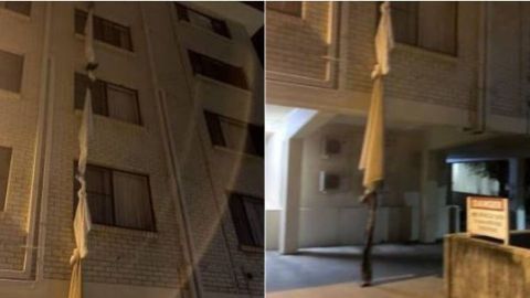 Hombre escapa de confinamiento en un hotel usando una 'cuerda' de sábanas