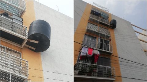 Vecinos critican a mujer que sostiene su tinaco con dos tablas en balcón