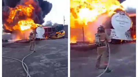 📽: Camión cisterna explota y se incendia junto a camión de pasajeros