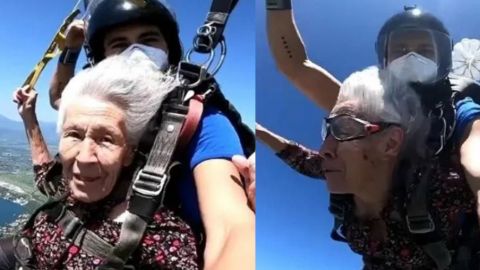 📹(Video) Abuela se lanza de paracaídas desde 3 mil metros de altura