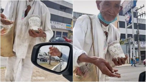 Abuelito pide dinero en la calle y avienta monedas si le dan menos de 10 pesos