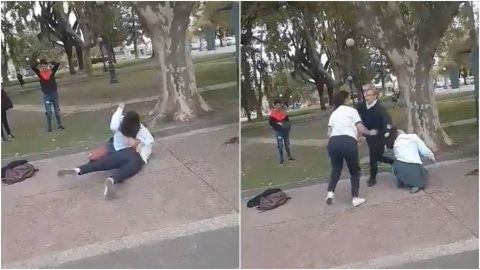 VIDEO: Mujer separa a cachetadas a dos estudiantes que peleaban en un parque