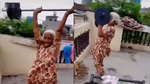 Abuelita sorprende en redes sociales levantando barra con pesas
