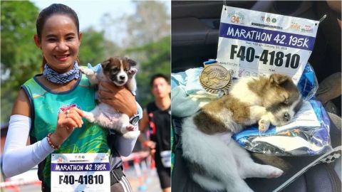 Maratonista rescata a cachorro a media competencia; lo llevó hasta la meta