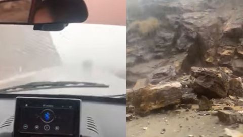 Captan desprendimiento de rocas en La Rumorosa tras fuertes lluvias