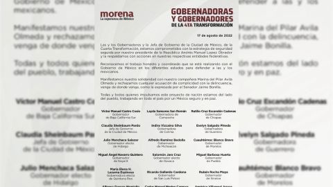 Morena y sus gobernadores con Marina del Pilar, rechazan a Bonilla