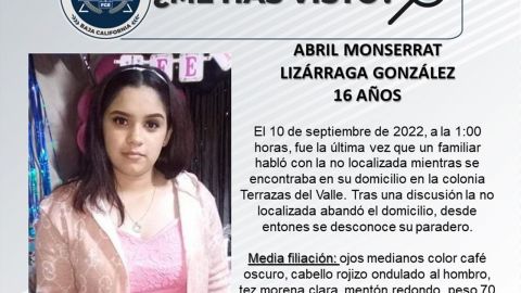 Ayúdanos a localizar a Abril Montserrat Lizárraga
