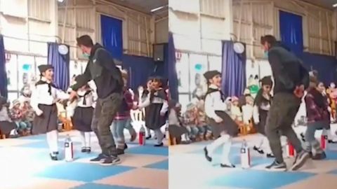 Papá ve a su hija bailar sola e interrumpe un festejo escolar para acompañarla