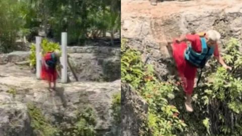 Abuelita valiente se echa clavado en cenote y rompe el Internet