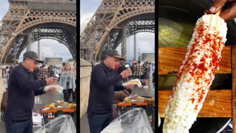 Captan a hombre vendiendo elotes frente a la Torre Eiffel de París; caso viral