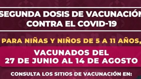 Vacunación: Segundas dosis para niñ@s vacunados del 27 de junio al 14 de agosto