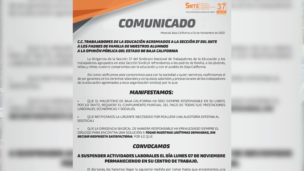 Convocan A Paro De Labores En La Sección 37 Del SNTE Para Este Lunes