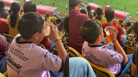 Captan a niño bebiendo cerveza en el Estadio Morelos