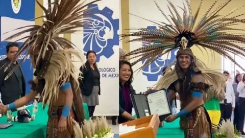 Joven indígena porta orgullosamente vestimenta prehispánica en su graduación