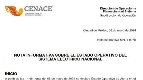 Por segundo día, Cenace declara Estado Operativo de Alerta en sistema eléctrico